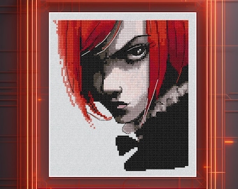 Patrón de punto de cruz de retrato de chica anime gótica, bordado moderno de mujer (descarga digital en PDF instantánea), gráfico estético cyberpunk artístico