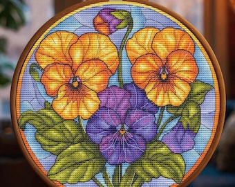 Pansy Stained Glass Cross Stitch Pattern, Floral Modern Embroidery (digital PDF instant download), Round Hoop Bright Violas Flowers Chart