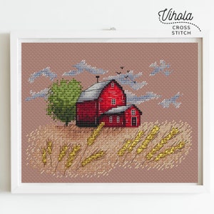 Puede incluir: Patr&oacute;n de punto de cruz de un granero rojo con una puerta y ventanas blancas, rodeado de espigas de trigo y un &aacute;rbol verde. El cielo es azul con nubes blancas y p&aacute;jaros volando.