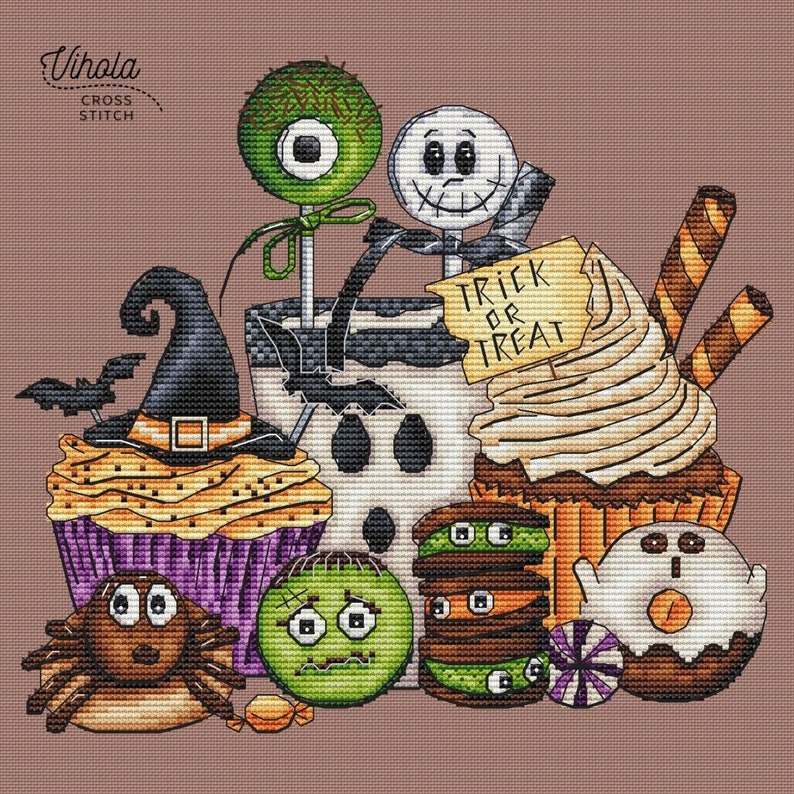 Sweet Halloween cross stitch pattern, digital PDF file, cute embroidery design