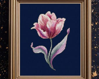 Pink Tulip Cross Stitch Pattern, Elegant Floral Modern Embroidery Design, Flower Botanical Instant Download PDF, Spring Needlework Chart