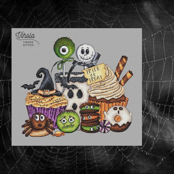 Sweet Halloween cross stitch pattern, sweets counted cross stitch chart, digital PDF file,cute Halloween embroidery design, SAGA,needlepoint