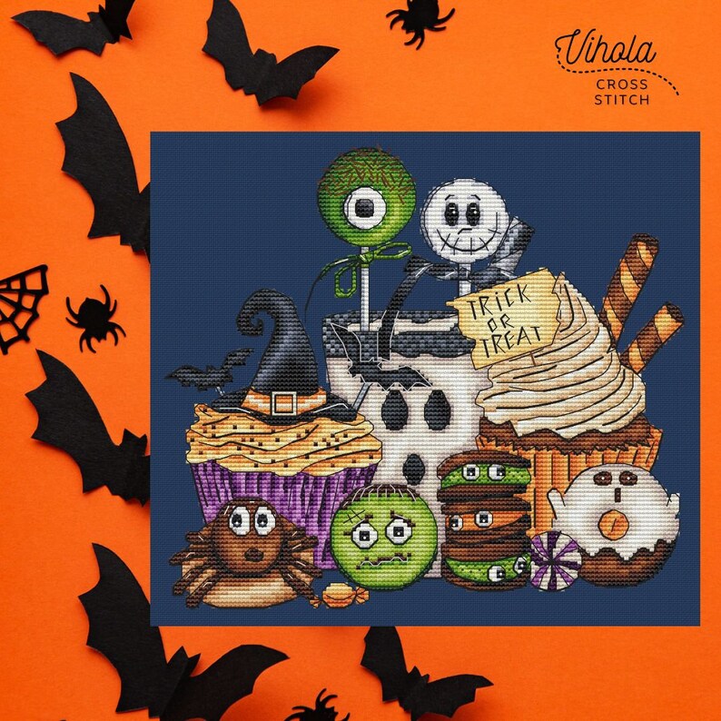 Sweet Halloween cross stitch pattern, digital PDF file, cute embroidery design
