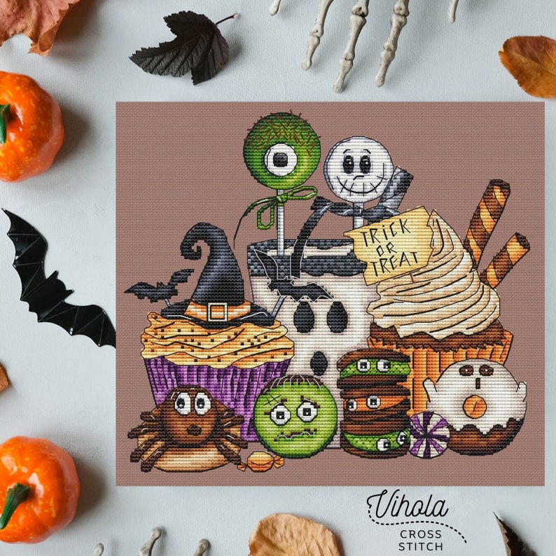 Sweet Halloween cross stitch pattern, digital PDF file, cute embroidery design