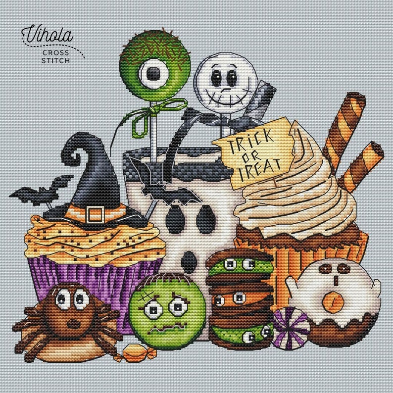 Sweet Halloween cross stitch pattern, digital PDF file, cute embroidery design