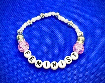 Feminist Beaded Friendship Bracelet with Flower Beads
