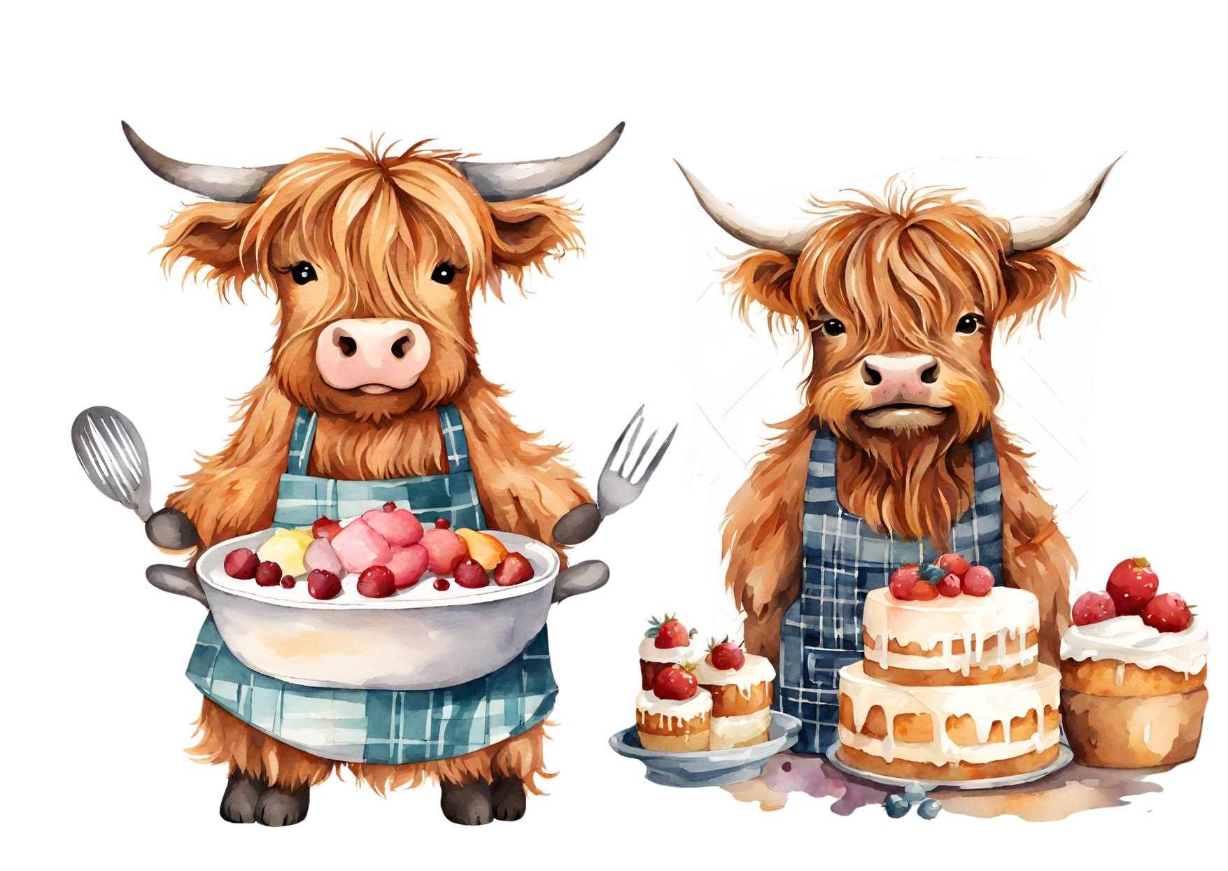 Highland Cow PNG Clipart, 20 PNG, Cute Highland Cow in Apron, Digital ...