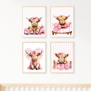 Highland baby cow nursery print, Set of four, pink theme baby girl room wall art, Digital download, watercolor