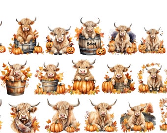 Autumn Highland Cow Clipart PNG Bundle, Halloween Cow Graphics - 20 Watercolor Images for DIY Crafts & Sublimation | Instant Download