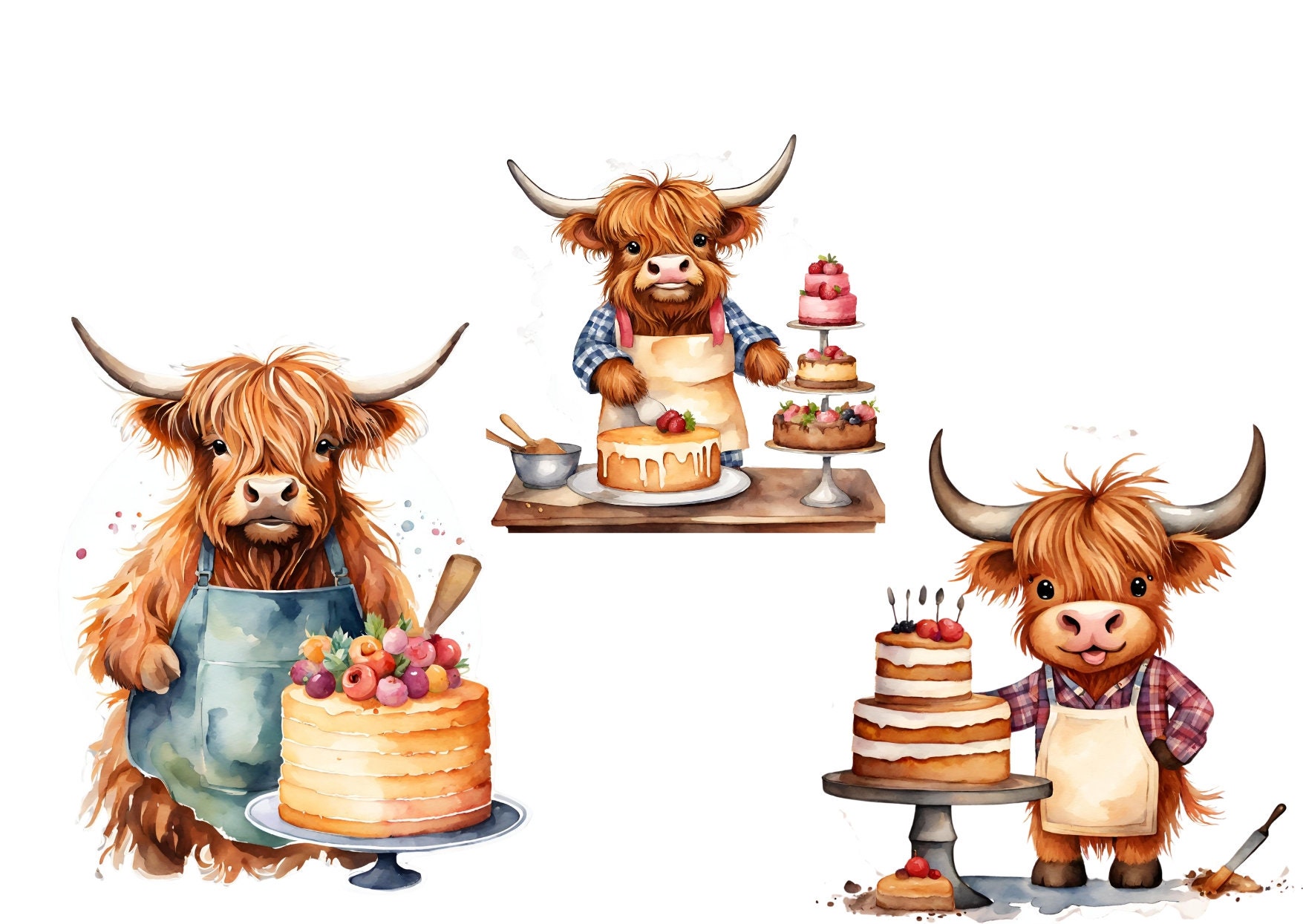 Highland Cow PNG Clipart, 20 PNG, Cute Highland Cow in Apron, Digital ...