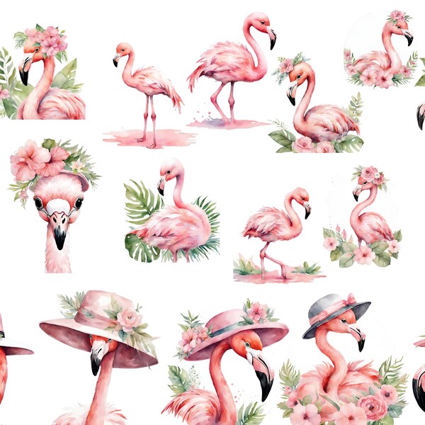 Cute Flamingo with Floral Hat Watercolor PNG Clipart - Instant Download, Tropical Bird Digital Art, Nursery Decor, Scrapbooking, watercolor