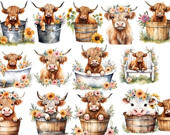 Highland cow in bathtub, wooden bucket, metal tub PNG Clip art, Floral theme Highland Cute Cow, Instant download, For sublimation, craft