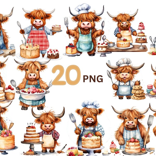 Highland cow PNG clipart, 20 PNG, Cute Highland cow in apron, Digital download, Highland cow chef cow clip art, baking watercolor Clip art