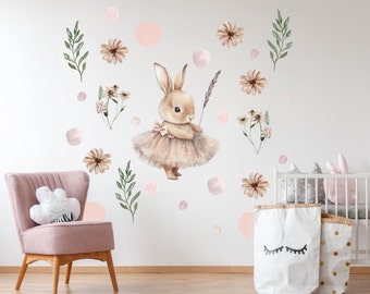 Kinderzimmer Wandaufkleber, Boho Häschen Ballerina Aufkleber, Blumen Aufkleber, Häschen Ballerina Wandtattoo Kinderzimmer Dekor Boho Blumen Aufkleber