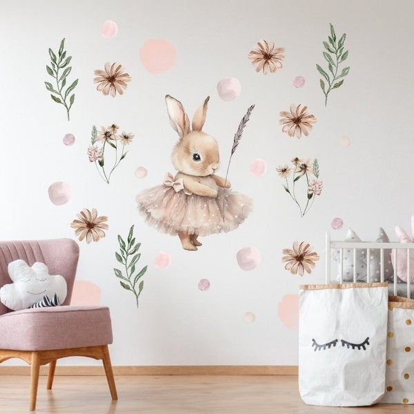 Sticker mural chambre d'enfant, sticker lapin bohème, sticker fleurs, sticker mural ballerine lapin bohème, sticker fleurs bohème déco chambre d'enfant