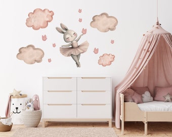 Kinderzimmer Wandaufkleber, Boho Häschen Ballerina Aufkleber, Blumen Aufkleber, Häschen Ballerina Wandtattoo Kinderzimmer Dekor Boho Blumen Aufkleber