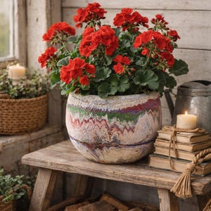May include: A vibrant red geranium plant in a decorative, multi-colored pot. The pot sits on a rustic wooden bench, alongside stacked books and a lit candle. Other woven baskets and decor complete the cozy, natural aesthetic.