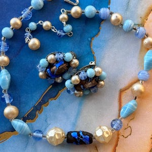 Vintage Beaded Necklace and Clip On Earrings Set: Retro Blue Costume Jewelry