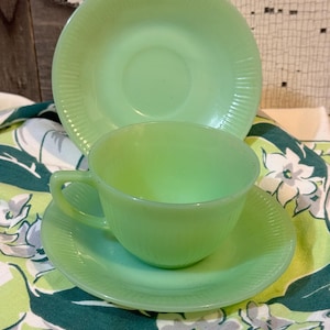 Vintage Jadeite Fire King Cup and Saucer Set: MCM Jane Ray Ribbed Ovenware