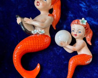Lefton Mermaid Porcelain Wall Art Set: MCM Orange Mermaid with Harp