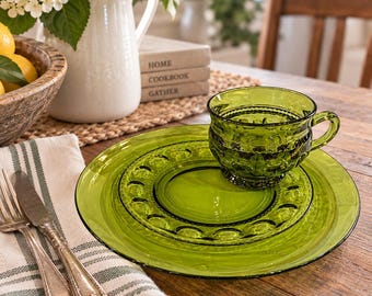 vintage green glass snack set: Retro party