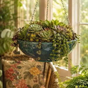 May include: A teal ceramic hanging planter bowl suspended by metal chains, filled with a variety of green and purple succulents, including trailing string of pearls and heart-shaped vines that drape over the rounded edges of the glossy container.