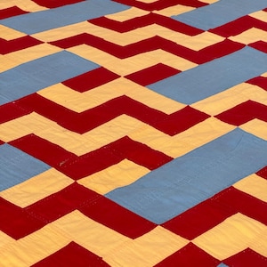 Vintage handmade handstitched multicolored quilt Red yellow and blue vintage quilt Antique quilt Farmhouse lodge cabin rustic quilt blanket
