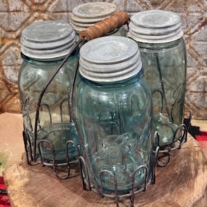 Antique Mason Jar Set: Zinc Lids, Wire Carrier, Farmhouse Decor