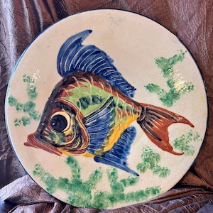 Pottery red clay hand painted vintage large wall fish plate antique collectible fish collector plate collector pottery  gift for her unique