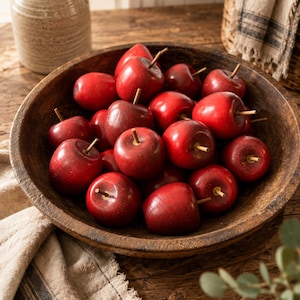 May include: A large, round, dark brown wooden bowl filled with numerous small, glossy, bright red decorative apples. Each apple features a short, light-colored wooden stem protruding from the top, creating a uniform and textured display.