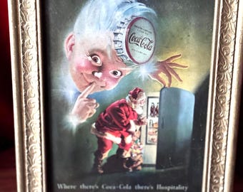 Vintage framed Coca-Cola Santa in wood frame:1940's- 1950's Coke Christmas Art