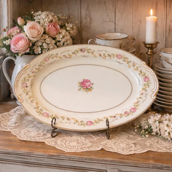 Vintage rose platter with gold trim