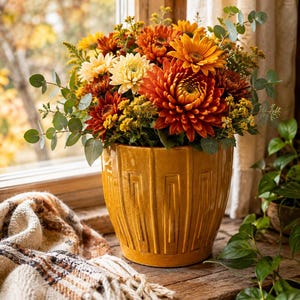 May include: A mustard yellow ceramic planter with vertical embossed geometric patterns, filled with a vibrant autumn floral arrangement featuring deep orange, rust, and cream-colored chrysanthemums accented with green eucalyptus sprigs.