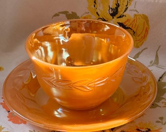 Fire King Peach Luster Cup and Saucer Set: Laurel Leaf MCM Tableware