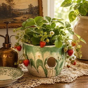 May include: A round ceramic planter with a white and green drip glaze finish featuring a circular side opening. The planter contains a strawberry plant with green leaves, small white flowers, and several ripe red strawberries hanging over the sides.