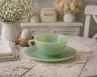 Jadeite Cup & Saucer Set - Vintage Fire King Jane Ray Tea Coffee