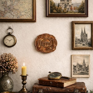 May include: A collection of vintage decor items, including framed art, a pocket watch, and a decorative bronze plate. A lit candle sits on a brass candlestick. A magnifying glass rests on a stack of books and a leather suitcase. The items are arranged on a wooden surface.