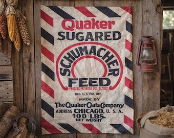 Vintage Quaker Sugared Schumacher Feed Sack: Red White Blue Advertising Bag