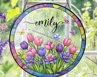 Personalisierter Name Suncatcher, kundenspezifischer Blumenglasfensterbehang, Tulpenblumen-Suncatcher Geschenk für sie, Muttergeschenk, Geburtstagsgeschenk für Frauen-Dekor
