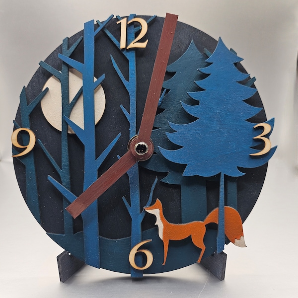 Mantle Clock Scandinavian design, Woodland Scene Table Top Clock with Fox and Full Moon, contemporary desk clock Japanese design