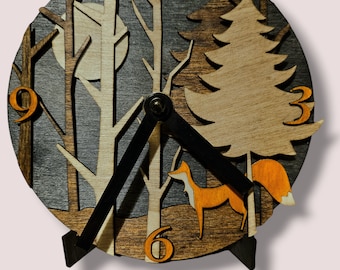 Mantle Clock Woodland Scene, Scandinavian design Table Top Clock with Fox and Full Moon, contemporary desk clock, natural brown wood colours