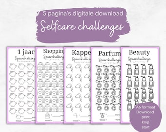 Digitale SELFCARE spaar challenges (5) voor A6 Budget binder. Cashstuffing saving challenge Euro Nederland. Budget planning A6 Zipper pouch.