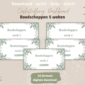 May include: Printable grocery list dashboard with a green leafy design. The dashboard is divided into five sections, each labeled "Boodschappen" (Dutch for groceries) and a week number. The text "Cashstuffing Dashboard Boodschappen 5 weken" (Dutch for Cashstuffing Dashboard Groceries 5 Weeks) is at the top of the page. The text "A6 formaat digitale download" (Dutch for A6 format digital download) is at the bottom of the page.