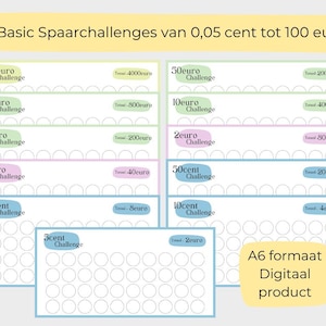 Op de afbeelding: Een printbaar digitaal product in A6-formaat met 11 verschillende spaaruitdagingen. Elke uitdaging heeft een ander bedrag om te sparen, van 0,05 cent tot 100 euro. De uitdagingen worden weergegeven in een kleurrijk raster met een totaalbedrag om te sparen dat voor elke uitdaging wordt vermeld.