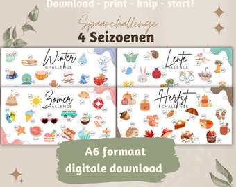 Digital print product - 4 seasons - savings challenges CASHSTUFFING A6 format (Euro/Dutch)