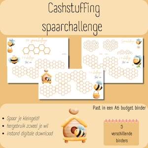 Può includere: Una sfida di risparmio di denaro stampabile a tema ape. La sfida include cinque diversi fogli stampabili con griglie a nido d'ape per tenere traccia dei risparmi. Il testo sull'immagine recita "Cashstuffing spaarchallenge" e "Past in een A6 budget binder".