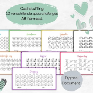 May include: A collection of printable cash stuffing challenges in A6 format. Each card features a different theme, including hobbies, pets, vacation, and shopping. The digital document is designed for budgeting and financial planning.