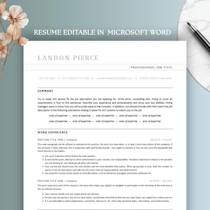 Könnte beinhalten: Eine editierbare Lebenslaufvorlage in Microsoft Word mit professionellem Design. Das Dokument enthält Abschnitte für Zusammenfassung, Berufserfahrung und Fachgebiete. Ein Stift ist in der oberen rechten Ecke sichtbar.