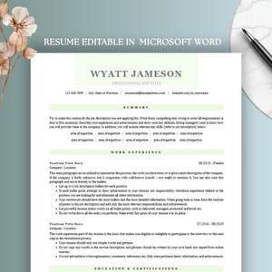 May include: A resume template with the text "RESUME EDITABLE IN MICROSOFT WORD" at the top. The resume includes sections for contact information, a summary, work experience, and education. The name "WYATT JAMESON" is prominently displayed.