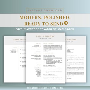May include: A set of three resume templates with a modern design. The resumes are in shades of gray and white, with the text "MODERN. POLISHED. READY TO SEND" at the top. The text "EDIT IN MICROSOFT WORD OR MAC PAGES" is also visible.